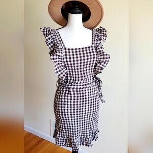 Topshop Ruffle Gingham Brown and White mini apron dress for women size 8